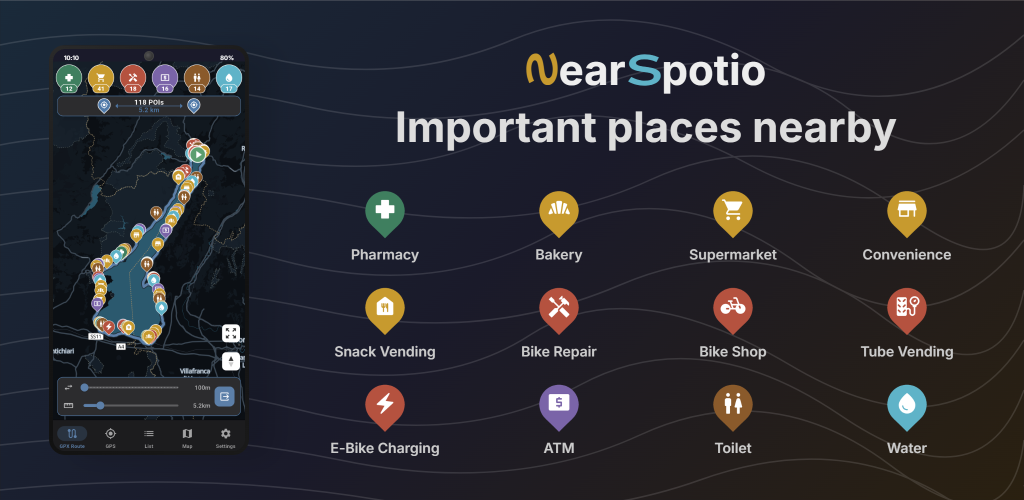 NearSpotio app showing POIs along a GPX cycling route